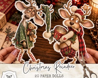 Quirky Christmas Reindeer Paper Dolls, 20 Vintage Reindeer Fussy Cuts, Christmas PNG Clipart, Junk Journal Ephemera, Digital Download