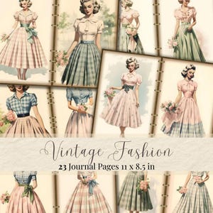 Vintage mode afdrukbare ongewenste dagboekpagina's retro jaren 1940 mode plakboek benodigdheden digitale papers collage vellen modeshow kortstondige modeshow