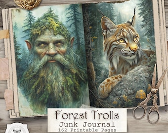 Páginas para diario creativo de trolls del bosque: kit imprimible de fantasía boscosa, efímeros de musgo y naturaleza, descarga digital.