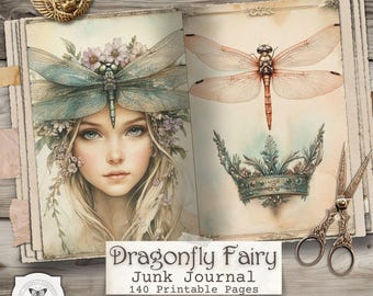 Dragonfly Fairy Junk Journal Pages – Fantasy Printable Ephemera, Nature Scrapbook Papers, Digital Download