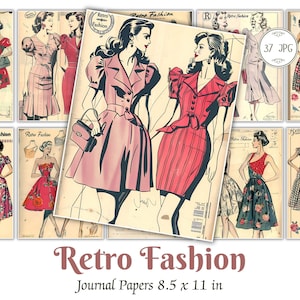 Vintage jaren 1950 mode afdrukbare pagina's, Fashion Junk Journal, jaren 60 70 naaipatronen plakboekbenodigdheden, mode-ephemera, Instant Download