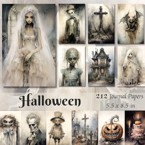 Páginas imprimíveis de diário de Halloween em aquarela, kit de imprimíveis assustadores, suprimentos para scrapbook, itens digitais góticos, itens vintage efêmeros