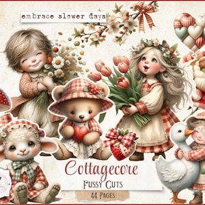 Op de afbeelding: Een collage van grillige illustraties met een cottagecore-thema. De afbeelding toont een lachend kind met bloemen, een teddybeer, een lam en een meisje met een gans. De tekst "embrace slower days" en "Cottagecore Fussy Cuts" zijn zichtbaar.