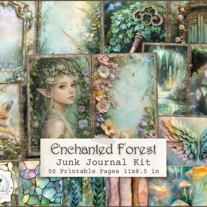 Enchanted Forest Junk Journal Kit – Afdrukbare fantasy-dagboekpagina's, kortstondige bossen, digitale sprookjespapieren
