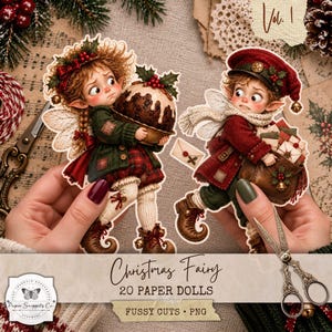 Könnte beinhalten: Zwei Weihnachtsfeen als Papierpuppen, eine mit einem Weihnachtspudding und die andere mit einer Geschenketasche. Beide Figuren tragen festliche Kleidung mit Stechpalmen-Akzenten, Flügeln und spitzen Stiefeln. Der Text lautet Christmas Fairy 20 PAPER DOLLS FUSSY CUTS PNG Vol. 1.