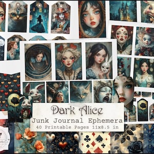 Könnte beinhalten: Eine Sammlung von Dark Alice Junk Journal Ephemera druckbaren Seiten mit 40 Blättern im Format 27,9x21,6 cm. Die Designs zeigen Illustrationen von Figuren, Spielkartensymbolen, Rosen und Kaninchen in einer dunklen, stimmungsvollen Farbpalette.