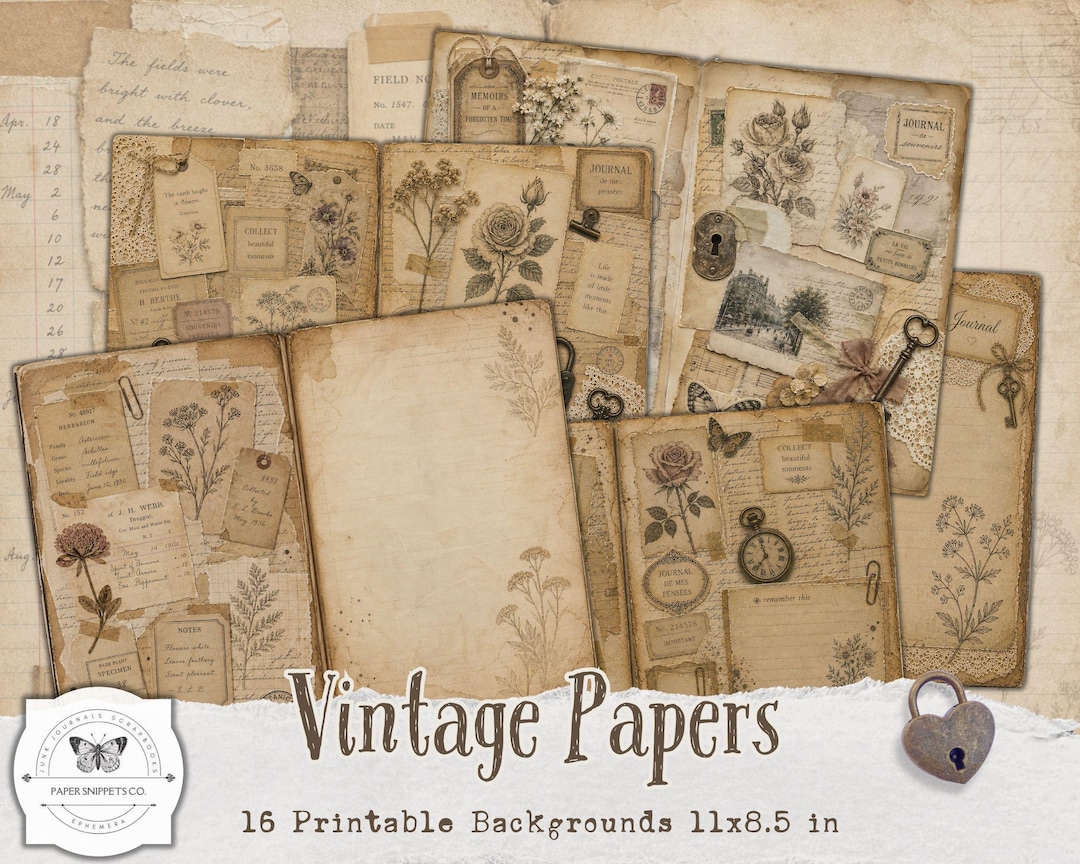 Vintage Junk Journal Backgrounds – Printable Ephemera Papers, Botanical ...