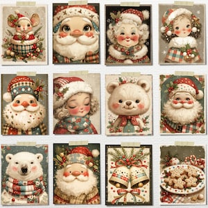 May include: A collection of twelve Christmas-themed art prints. The prints feature illustrations of Santa Claus, Mrs. Claus, children, a polar bear, a mouse, and a teddy bear, all adorned in festive attire. The color palette includes red, green, and white.