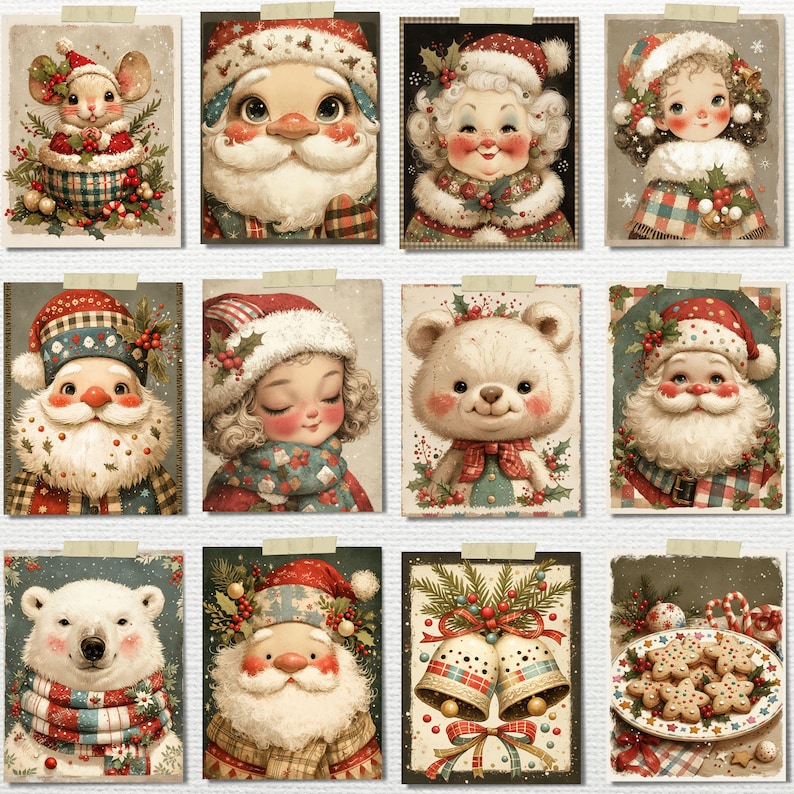 May include: A collection of twelve Christmas-themed art prints. The prints feature illustrations of Santa Claus, Mrs. Claus, children, a polar bear, a mouse, and a teddy bear, all adorned in festive attire. The color palette includes red, green, and white.
