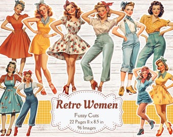 Retro Women Fussy Cuts Vintage 1950s Paper Dolls Fashion Printables 50s 60s Fashion Junk Journal Retro Scrapbook Supplies Fashion Ephemera