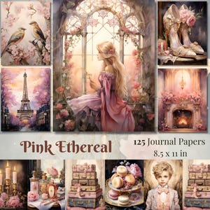 Páginas de diario basura etéreas de color rosa, scrapbooking de ensueño, papel digital romántico, imprimibles victorianos, hojas de collage digital, efímeras shabby chic