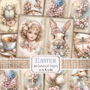 Pages de journal de Pâques vintage Imprimables de Pâques Fournitures de scrapbooking de printemps Papiers numériques de Pâques Lapin de Pâques éphémères Collage de printemps