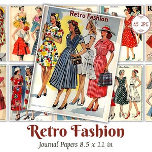 Pagine stampabili di moda vintage anni '50, diario di spazzatura di moda, modelli di cucito anni '50, forniture per album di ritagli, effimeri di moda, artigianato di carta retrò