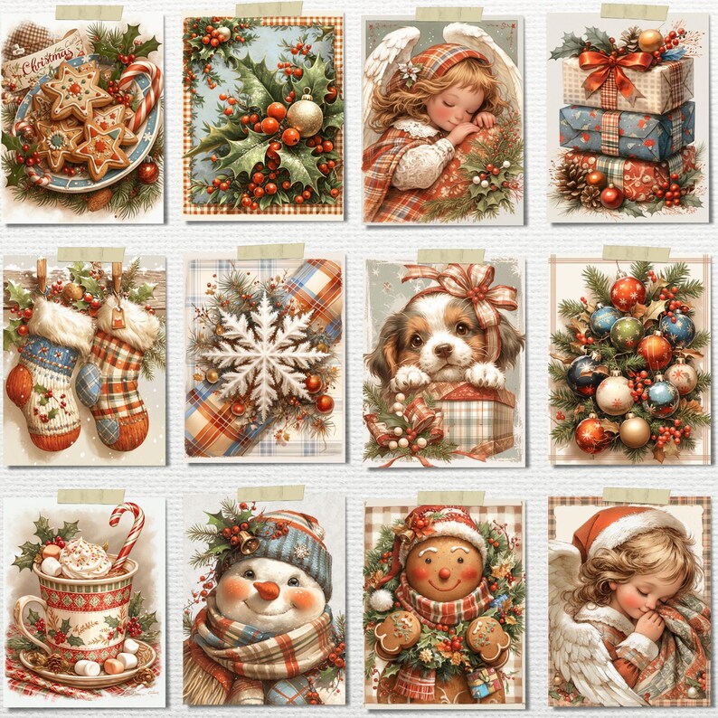 May include: A collection of twelve Christmas-themed cards. The cards feature festive illustrations including gingerbread cookies, a sleeping angel, a puppy with a gift, and a snowman. Each card is adorned with holiday elements like holly, ornaments, and plaid patterns.