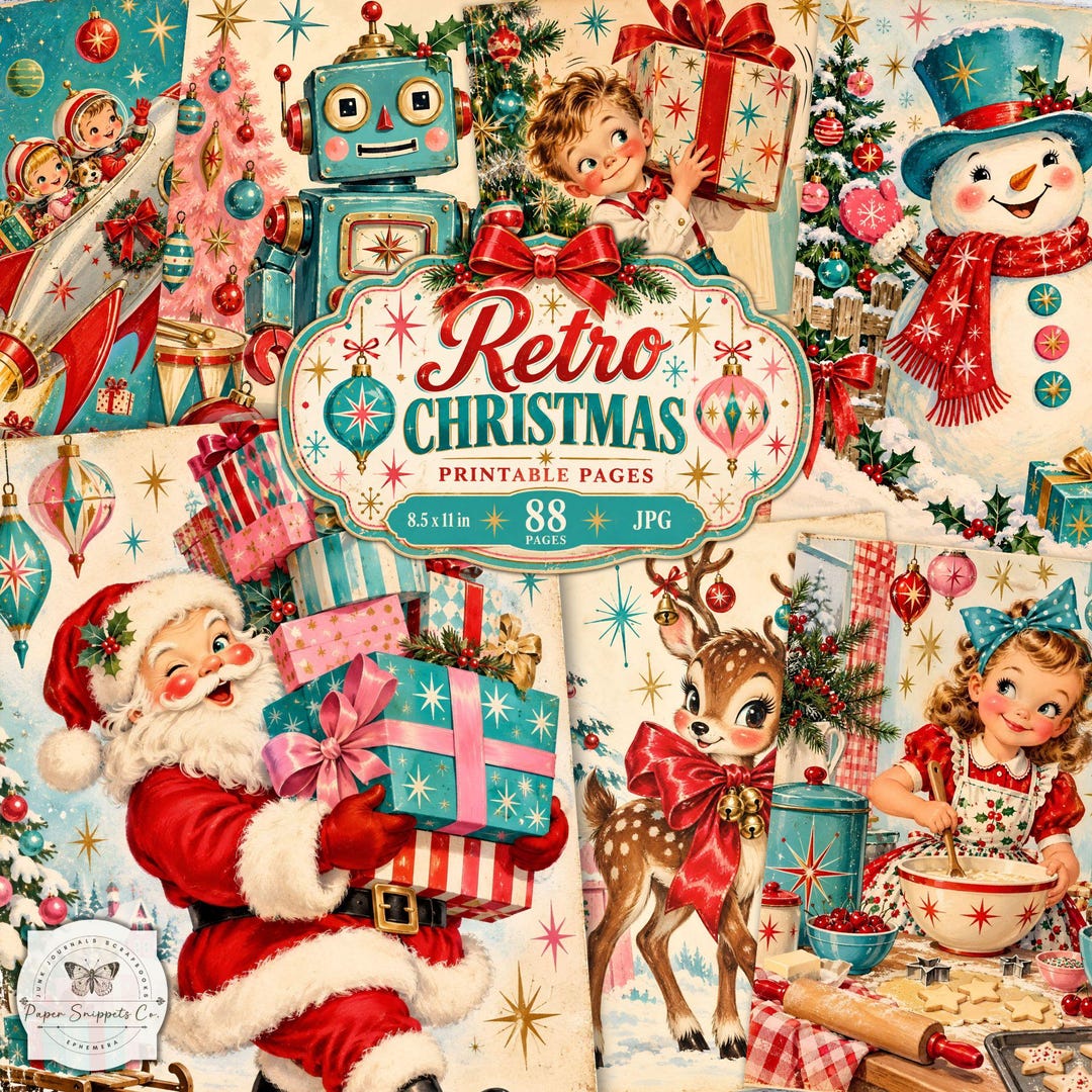 Retro Christmas Junk Journal Kit, 88 Mid Century Christmas Printable ...