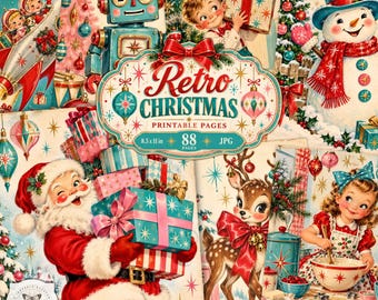 Retro Christmas Junk Journal Kit, 88 Mid Century Christmas Printable Pages, Vintage Holiday Digital Scrapbook Paper, Digital Download