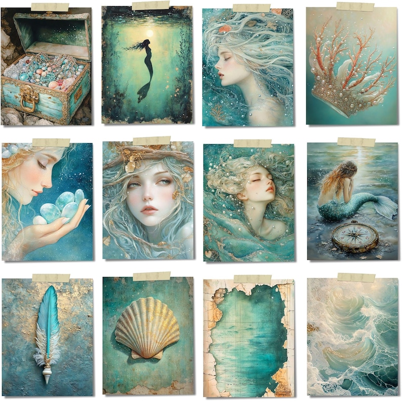 Op de afbeelding: Een verzameling van twaalf kunstprints met zeemeermin- en oceaanthema's. De prints tonen zeemeerminnen, schelpen, schatkisten en koraankronen in tinten blauw, blauwgroen en goud. Elke print is met tape op een getextureerde achtergrond bevestigd.