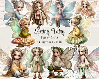 May include: A set of 13 printable pages featuring whimsical spring fairy illustrations with delicate wings and floral accents. Each page is 8.5 inches by 11 inches and includes the text "Spring Fairy Fussy Cuts".