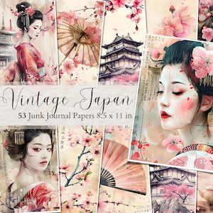 Páginas de diario basura de Japón vintage, imprimibles de geishas, efímeras orientales, suministros para álbumes de recortes con flores de cerezo, papeles digitales de Sakura, técnicas mixtas