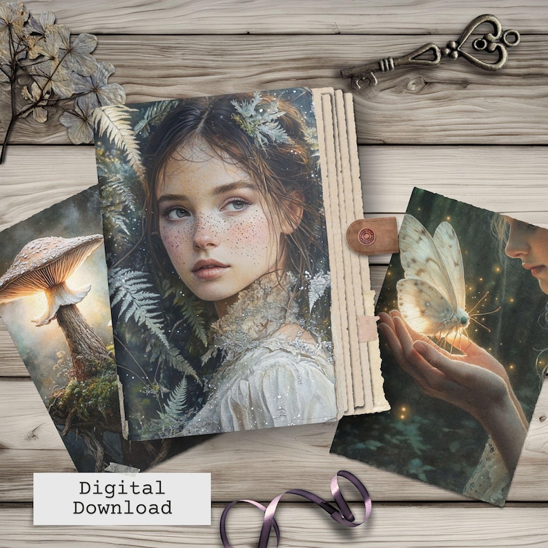 Op de afbeelding: Een digitale download met drie fantasy-kunstprints. De centrale afbeelding is een portret van een jonge vrouw met sproeten en bloemaccenten. Andere prints tonen een paddenstoel en een vlinder. De tekst "Digital Download" staat onderaan.