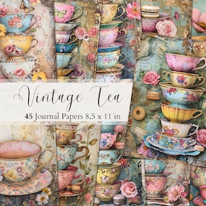 Tea Time Junk Journal Pages Vintage thee Printables Tea Party Digital Papers Victoriaanse collagebladen Theekopjes plakboek Grillige efemere verschijnselen