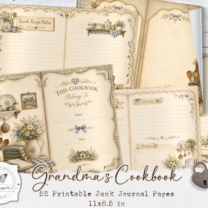 Grandma's Cookbook ongewenste dagboekpagina's, afdrukbare vintage keuken, kortstondige keuken, rustiek recept plakboekpapier, digitale download