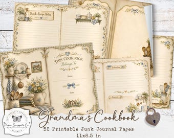 Grandma’s Cookbook Junk Journal Pages, Printable Vintage Kitchen Ephemera, Rustic Recipe Scrapbook Paper, Digital Download