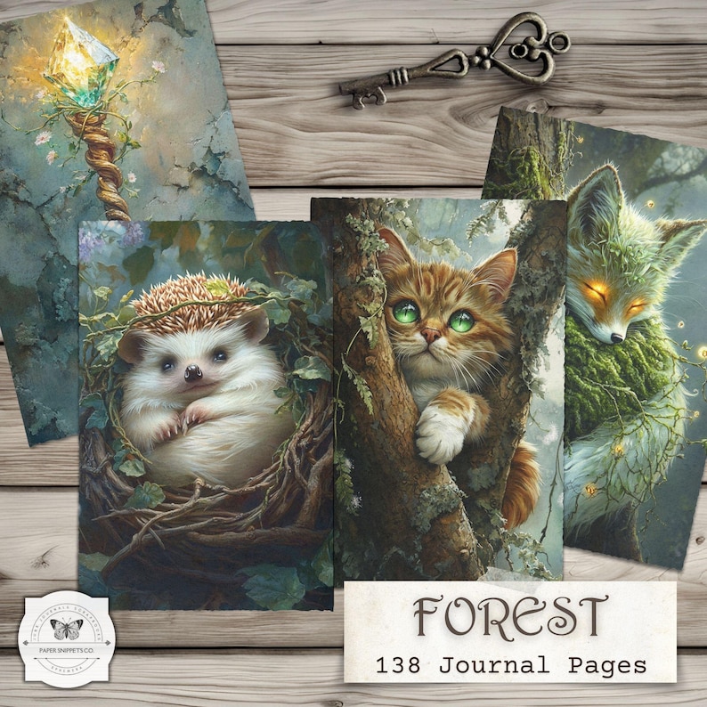 Peut inclure: Ensemble de pages de journal illustr&eacute;es sur le th&egrave;me de la for&ecirc;t. Les pages pr&eacute;sentent un h&eacute;risson dans un nid, un chat dans un arbre et un renard lumineux. Les mots "FOREST" et "138 Journal Pages" sont affich&eacute;s.