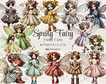 May include: A digital paper pack with 66 images of fairies with wings, flowers, and spring-themed designs. The images are on 11 pages, each 8.5 inches by 11 inches.