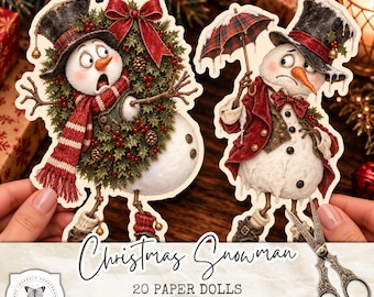 Quirky Christmas Snowman Paper Dolls, 20 Vintage Snowmen Fussy Cuts, Christmas PNG Clipart, Junk Journal Ephemera, Digital Download