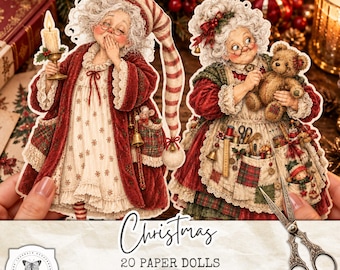 Christmas Paper Dolls, Mrs Claus, 20 Vintage Christmas Fussy Cuts, Christmas PNG Clipart, Junk Journal Ephemera, Digital Download
