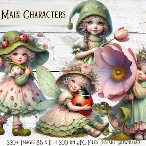 Puede incluir: Ilustraci&oacute;n digital con cuatro personajes de hadas con ojos grandes, alas y adornos florales. Las hadas visten vestidos en colores pastel, con detalles de mariquitas y flores. La imagen incluye el texto "Main Characters" y "330+ IMAGES 8.5 x 11 IN 300 DPI JPG FILES INSTANT DOWNLOAD".