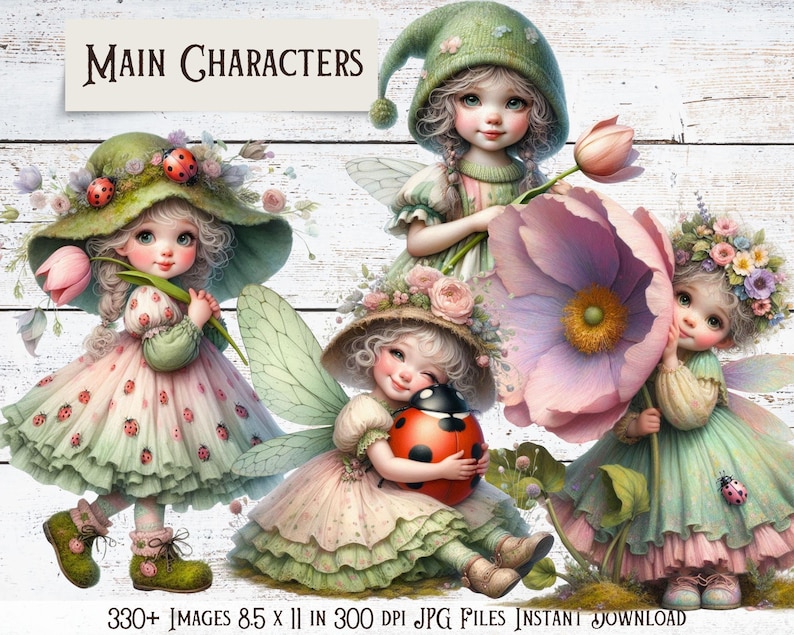 Puede incluir: Ilustraci&oacute;n digital con cuatro personajes de hadas con ojos grandes, alas y adornos florales. Las hadas visten vestidos en colores pastel, con detalles de mariquitas y flores. La imagen incluye el texto "Main Characters" y "330+ IMAGES 8.5 x 11 IN 300 DPI JPG FILES INSTANT DOWNLOAD".