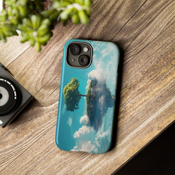 Cool unique innovative iPhone 15 case || available for all mobiles || blue skys and clouds with a flying island tree