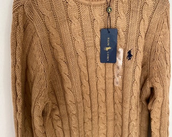 Pull unisexe beige en tricot torsadé Ralph Lauren neuf taille petit