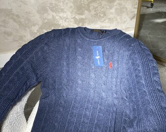 Promo ! Pull unisexe bleu marine en mailles torsadées Ralph Lauren dans toutes les tailles