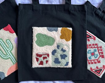 Black Canvas Tote Bag | Handmade Punch Needle Embroidery