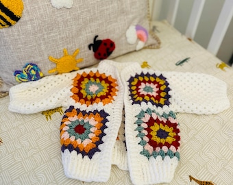 Handmade Crochet Baby Cardigan, Granny Square Knit Clothes