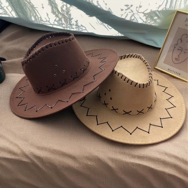 Vegan suede cattleman cowboy hat With Leather belt stiff flat brim Stylish hat wedding everyday hat