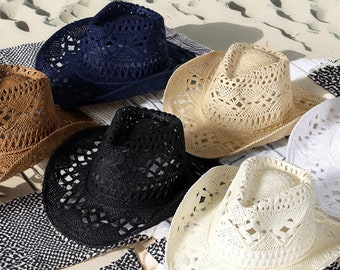 Klassischer Stroh-Cowboyhut, einfarbiger Cowgirl-Hut, Sommer-Webhut, Outdoor-Reise-Strandhut, einfarbiger Western-Sonnenhut, Modeaccessoire