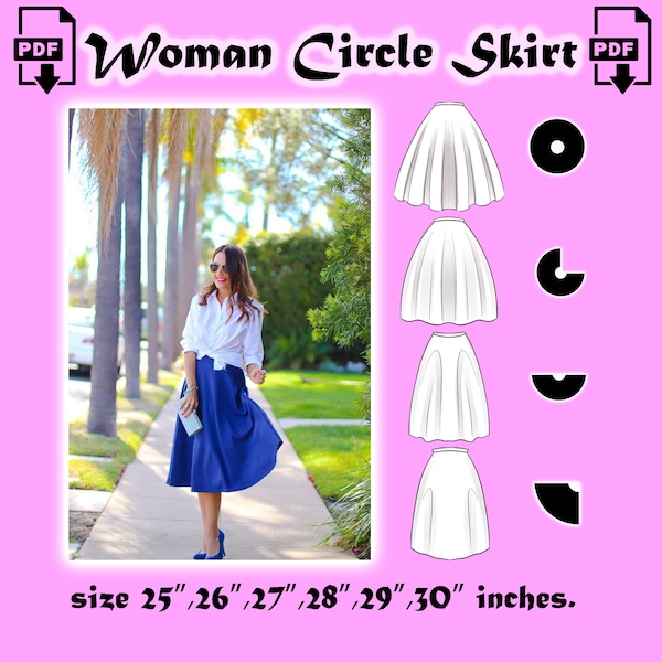 Circle Skirt Pattern Pack, (quarter, half, three quarter and full) Women's Circle Skirt, PDF sewing patterns, size (25,26,28,29,30 inches)