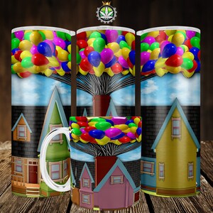 May include: A set of three sublimation tumblers featuring a colorful balloon house design. The tumblers are white with a blue sky background and a house with a green roof and yellow siding. The balloons are red, yellow, green, blue, and purple.