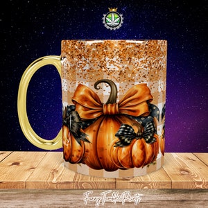 May include: A gold-rimmed coffee mug with a white and brown checkered pattern and a glittery orange background. The mug features a design of three pumpkins with orange and brown bows.
