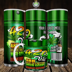 May include: A green and yellow can with the number 420 and the words "High Definition Weed Scent Deodorant Bodyspray" printed on it. The can is surrounded by green leaves and clouds of smoke.