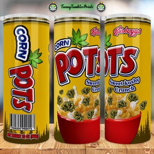 Könnte beinhalten: Ein gelber und roter Becher mit einem Parodie-Design einer beliebten Müslipackung. Das Design zeigt einen Maistopf mit dem Text "CORN POTS" und "Sweet Kushy Crunch".