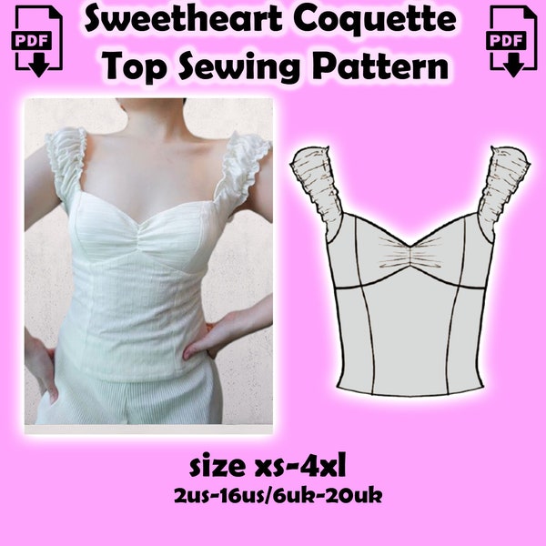 Sweetheart Coquette Top Sewing Pattern,  Top Sewing Pattern, Ruched Top Sewing Pattern, Cottagecore Corset Top Pattern, XS-4XL