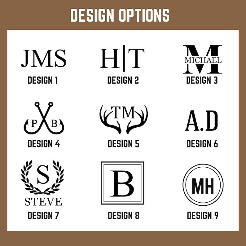 Puede incluir: Nueve opciones de dise&ntilde;o de monograma diferentes para regalos personalizados. Los dise&ntilde;os incluyen iniciales, nombres y s&iacute;mbolos como astas, anzuelos de pesca y una corona.