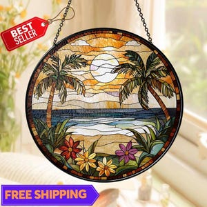 Beach Stained Glass Suncatcher, Beach Palm Tree Sunset, Starfish Coastal Window Decor, Summer Lover Gift, Bridesmaid Proposal Bridal Gift