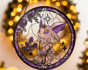 Vitral Espeon para pendurar na janela, feito à mão, enfeite de janela Espeon roxo, anime Espeon, decoração para casa, presente, enfeite de janela floral Espeon lavanda, presentes.
