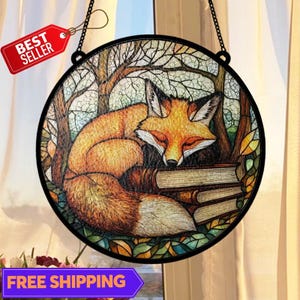 Sleeping Fox Stained Glass Suncatcher, Bookish Fox Round Window Hanging, Rustic Forest Animal Decor, Cottagecore Gift for Readers   M1